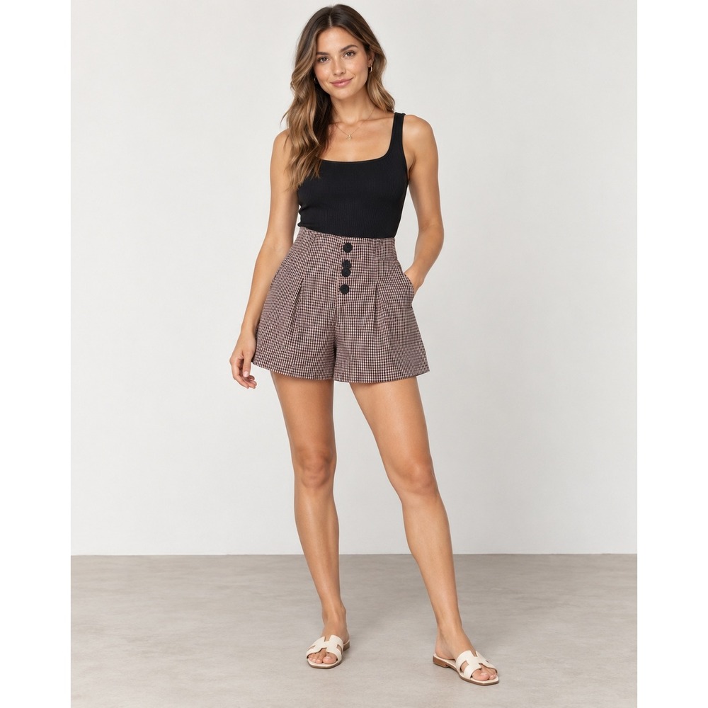 Zara High Waisted Gingham Check Shorts XS Pink Black Button Front Pleated